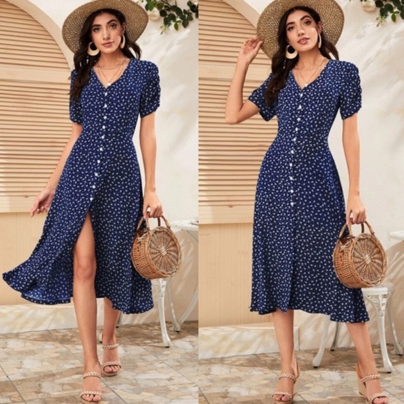 boho floral print button up v neck dress GREEN - Picture 4 of 8